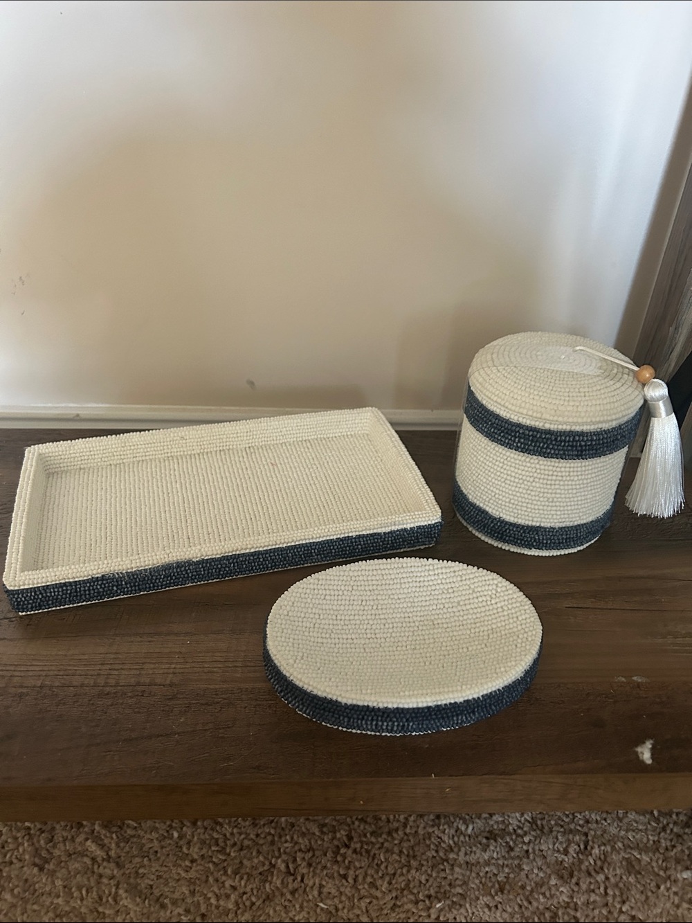 Handwoven Cream and Navy Bath Vanity Tray Set -